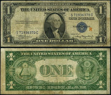 1935-A $1 Silver Certificate R Surcharge S-C Block Circulated: 1935-A $1 Silver Certificate R Surcharge S-C Block Circulated This 1935-A $1 Silver Certificate features the 'R' surcharge and is designated as S-C Block. The note is circulated and graded as Fine, sh