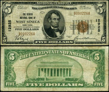1929 T-1 $5 National Bank Note Seneca NY Ch #12925 Fine+: 1929 T-1 $5 National Bank Note Seneca NY Ch #12925 Fine+ This $5 National Bank Note from 1929, issued by the Seneca National Bank in West Seneca, NY, is a notable collectible for currency enthusiasts.