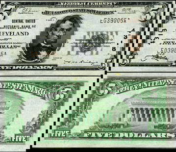 1929 T-1 $5 National Bank Note Central United NB Cleveland Ohio Uncirculated: 1929 T-1 $5 National Bank Note Central United NB Cleveland Ohio Uncirculated This $5 National Bank Note from 1929, issued by the Central United National Bank in Cleveland, Ohio, showcases a beautiful