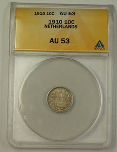 1910 Netherlands 10c Silver Coin ANACS AU-53 Circulated: 1910 Netherlands 10c Silver Coin ANACS AU-53 Circulated This 1910 Netherlands Ten Cent (10c) silver coin is graded AU-53 by ANACS, indicating its high-quality condition while still showing signs of ci