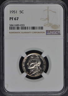 1951 NGC PR67 Jefferson Nickel Proof Philadelphia Mint: 1951 NGC PR67 Jefferson Nickel Proof Philadelphia Mint This 1951 Jefferson Nickel is a stunning piece, certified by NGC as a Proof grade PR67. It showcases the exceptional quality typical of uncircula