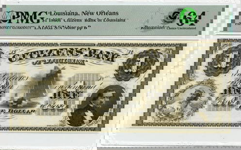 1860s $1 Louisiana New Orleans PMG MS64 Uncirculated Note: 1860s $1 Louisiana New Orleans PMG MS64 Uncirculated Note This stunning $1 Louisiana note from the 1860s showcases the historical significance of New Orleans currency. Certified by PMG with a certific