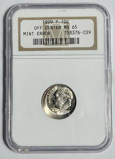 1999 P Roosevelt Dime NGC MS 65 Off-Center Mint Error: 1999 P Roosevelt Dime NGC MS 65 Off-Center Mint Error This 1999 P Roosevelt Dime features a notable mint error with an off-center strike, graded as MS 65 by NGC. It is composed of Copper-Nickel and is