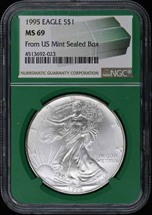 1995 Eagle S$1 Coin NGC MS69 Certified Philadelphia Mint: 1995 Eagle S$1 Coin NGC MS69 Certified Philadelphia Mint This 1995 Eagle S$1 coin is a stunning piece from the Philadelphia Mint, encapsulated in its original sealed box. Graded MS69 by NGC, it showca