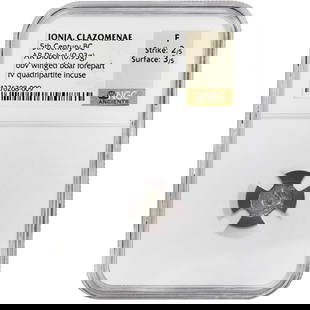 5th Century BC Ionia Clazomenae Silver AR Diobol Coin NGC F: 5th Century BC Ionia Clazomenae Silver AR Diobol Coin NGC F This ancient silver coin from Clazomenae, Ionia, dates back to the 5th century BC. It is an AR Diobol weighing 0.93g and is certified by NGC