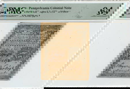 1772 Pennsylvania Colonial 18 Pence Note PMG MS64 Uncirculated: 1772 Pennsylvania Colonial 18 Pence Note PMG MS64 Uncirculated This Pennsylvania Colonial Note, dated April 3, 1772, features a denomination of 18 Pence. It has been certified by PMG with a grade of M