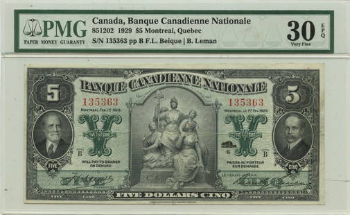 1929 $5 Canada Banque Canadienne Nationale PMG VF30 EPQ: 1929 $5 Canada Banque Canadienne Nationale PMG VF30 EPQ This 1929 $5 banknote from Canada, issued by the Banque Canadienne Nationale in Montreal, Quebec, is a collectible piece of currency. Certified