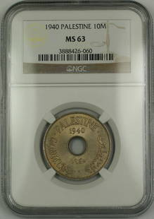 1940 Palestine 10 Mils Coin NGC MS-63 Uncirculated: 1940 Palestine 10 Mils Coin NGC MS-63 Uncirculated This 1940 Palestine 10 Mils coin presents a remarkable piece of history. Graded MS-63 by NGC, this uncirculated coin showcases its pristine condition