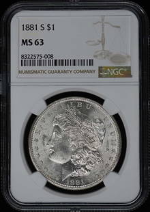1881-S Morgan Dollar NGC MS63 Uncirculated San Francisco: 1881-S Morgan Dollar NGC MS63 Uncirculated San Francisco This 1881-S Morgan Dollar is a stunning example of American numismatic history, certified by NGC with a grade of MS63, indicating it is in unci