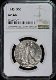 1943 Walking Liberty Half Dollar 50C NGC MS64 Uncirculated Coin: 1943 Walking Liberty Half Dollar 50C NGC MS64 Uncirculated Coin This 1943 Walking Liberty Half Dollar is graded MS64 by NGC, ensuring its uncirculated condition and high quality. Minted in Philadelphi