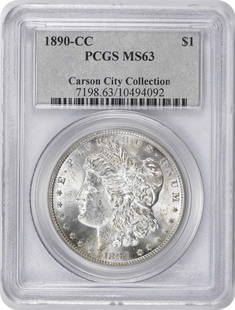 1890-CC Morgan Silver Dollar MS63 PCGS Uncirculated Coin: 1890-CC Morgan Silver Dollar MS63 PCGS Uncirculated Coin This stunning 1890-CC Morgan Silver Dollar is a prime example of American numismatic history. Graded MS63 by PCGS, this uncirculated coin showc