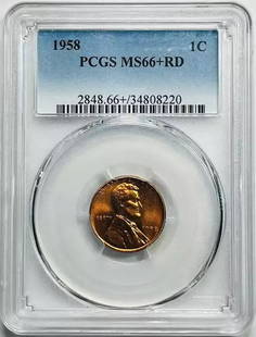 1958 P Lincoln Wheat Penny PCGS MS66+ RD Uncirculated Copper Coin: 1958 P Lincoln Wheat Penny PCGS MS66+ RD Uncirculated Copper Coin This 1958 P Small Cents Lincoln Wheat Penny is graded MS 66+ by PCGS, ensuring its high-quality condition. The coin, made of copper, i
