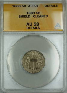1883 Shield Nickel Coin ANACS AU 58 Details Philadelphia Mint: 1883 Shield Nickel Coin ANACS AU 58 Details Philadelphia Mint This 1883 Shield Nickel coin, certified by ANACS and graded AU 58 Details, features a beautiful design that showcases its historical signi