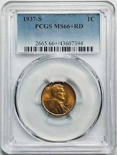 1937-S Lincoln Wheat Penny PCGS MS-66+ RD Uncirculated Copper Coin: 1937-S Lincoln Wheat Penny PCGS MS-66+ RD Uncirculated Copper Coin This exquisite 1937-S Lincoln Wheat Penny is certified by PCGS with a remarkable grade of MS-66+ Plus RD, indicating it is in uncircu