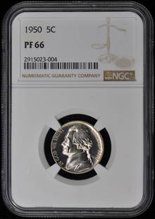 1950 NGC PR66 Jefferson Nickel Proof Coin Philadelphia Mint: 1950 NGC PR66 Jefferson Nickel Proof Coin Philadelphia Mint This 1950 Jefferson Nickel boasts a grade of PR66, certified by NGC. It is an uncirculated coin, struck as a proof at the Philadelphia Mint.