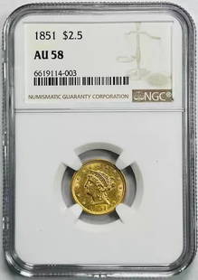 1851 Gold Liberty Head Quarter Eagle NGC AU 58 Coin: 1851 Gold Liberty Head Quarter Eagle NGC AU 58 Coin This 1851 $2.50 Gold Liberty Head Quarter Eagle is a remarkable piece with an NGC certification, graded AU 58. It features a rich gold composition a
