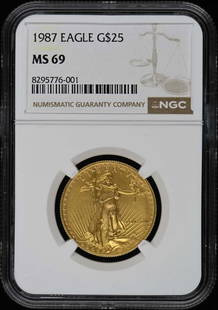 1987 Eagle $25 Coin NGC MS69 Certified 8295776001: 1987 Eagle $25 Coin NGC MS69 Certified 8295776001 This 1987 Eagle $25 coin is certified by NGC with a remarkable grade of MS69, ensuring its high quality and preservation. The certification number for