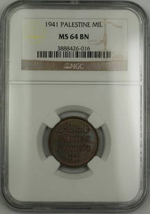 1941 Palestine 1 Mil Coin NGC MS 64 Brown Toned Uncirculated: 1941 Palestine 1 Mil Coin NGC MS 64 Brown Toned Uncirculated This stunning 1941 Palestine 1 Mil coin is certified by NGC with a grade of MS 64, indicating its uncirculated condition. The coin features