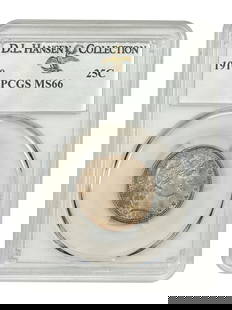 1910 Barber Quarter 25C PCGS MS66 Uncirculated Olive-Grey Tint: 1910 Barber Quarter 25C PCGS MS66 Uncirculated Olive-Grey Tint This 1910 Barber Quarter, graded MS66 by PCGS, is a stunning piece that showcases exceptional quality and beauty. With sharp striking
