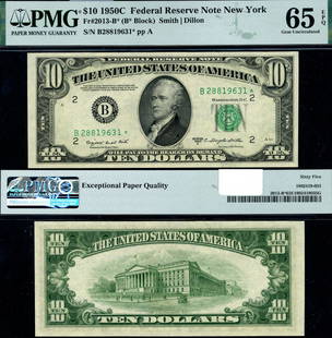 1950-C $10 Federal Reserve Note B-* Block PMG CU65 EPQ Gem: 1950-C $10 Federal Reserve Note B-* Block PMG CU65 EPQ Gem This 1950-C Federal Reserve Note, denoted by the B-* block, is a remarkable example of American currency. Graded CU65 EPQ by PMG, it is class