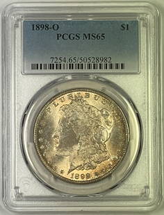 1898-O Morgan Silver Dollar PCGS MS 65 Uncirculated Toned Coin: 1898-O Morgan Silver Dollar PCGS MS 65 Uncirculated Toned Coin This 1898-O Morgan Silver Dollar is a stunning piece, recognized for its uncirculated condition and graded MS 65 by PCGS. The coin featur