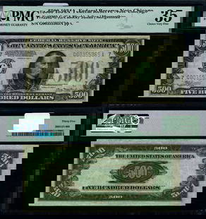 1934-A $500 Federal Reserve Note Chicago G-A Block PMG VF35: 1934-A $500 Federal Reserve Note Chicago G-A Block PMG VF35 This 1934-A Federal Reserve Note, denomination $500, features the G-A block from the Chicago district. It is graded as VF35 Choice by PMG, i