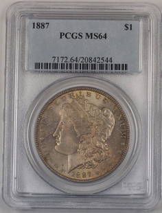1887 US Morgan Silver Dollar Coin PCGS MS-64 Uncirculated Toned: 1887 US Morgan Silver Dollar Coin PCGS MS-64 Uncirculated Toned This stunning 1887 US Morgan Silver Dollar Coin, graded MS-64 by PCGS, is a remarkable addition to any collection. Struck in 1887 at the