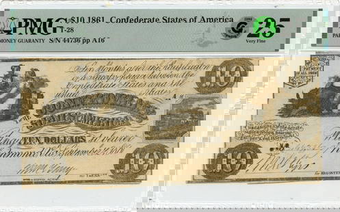 1861 $10 Confederate States PMG VF25 T-28 Currency Note: 1861 $10 Confederate States PMG VF25 T-28 Currency Note This 1861 $10 note from the Confederate States of America is a remarkable piece of history, certified by PMG with a grade of VF25. It has been c