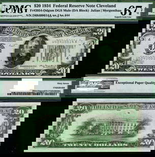 1934 $20 Federal Reserve Note D-A Block PMG CU67 EPQ Superb: 1934 $20 Federal Reserve Note D-A Block PMG CU67 EPQ Superb This 1934 Federal Reserve Note features a denomination of $20 and is graded CU67 EPQ Superb by PMG, ensuring its quality and prestige. The n