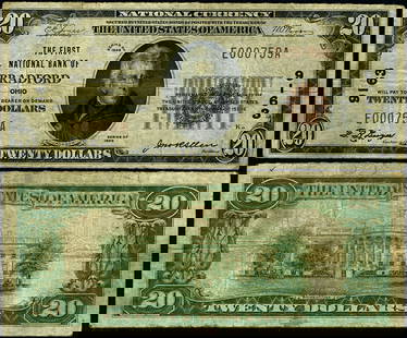 1929 T-1 $20 National Bank Note Bradford Ohio First NB Ch #9163: 1929 T-1 $20 National Bank Note Bradford Ohio First NB Ch #9163 This is a $20 National Bank Note from Bradford, Ohio, issued in 1929 (Type T-1). The note is classified as F/VF (Fine to Very Fine) and