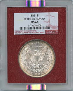 1885 Morgan Dollar NGC MS64 Redfield Hoard Uncirculated Coin: 1885 Morgan Dollar NGC MS64 Redfield Hoard Uncirculated Coin This 1885 Morgan Dollar, certified by NGC with a grade of MS64, is a stunning example of U.S. coinage. This uncirculated coin was minted