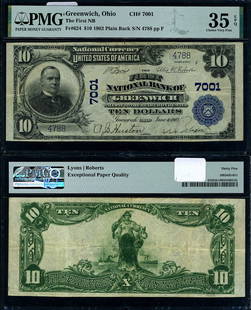 1902 $10 National Bank Note Greenwich Ohio PMG VF35 EP Choice: 1902 $10 National Bank Note Greenwich Ohio PMG VF35 EP Choice This is a 1902 $10 National Bank Note from Greenwich, Ohio, graded as VF35 EP (Choice) by PMG. It showcases notable details and is a circu
