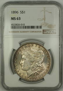 1896 NGC MS-63 Morgan Silver Dollar Toned $1 Coin: 1896 NGC MS-63 Morgan Silver Dollar Toned $1 Coin This 1896 Morgan Silver Dollar is a stunning example of American coinage, certified by NGC with a grade of MS-63. Struck at the Philadelphia Mint, thi