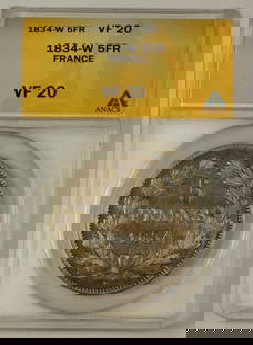 1834-W France Five Francs Silver Coin ANACS VF-20: 1834-W France Five Francs Silver Coin ANACS VF-20 This 1834-W France Five Francs silver coin is a remarkable piece from the historical era, graded as VF-20 by ANACS. The coin exhibits signs of circula