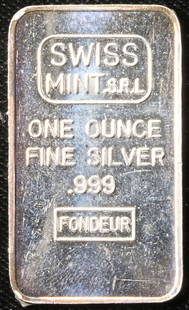 Vintage 1 Ounce Silver Bar Swiss Mint 999 Fine Rare Collectible: Vintage 1 Ounce Silver Bar Swiss Mint 999 Fine Rare Collectible This vintage 1 ounce silver bar from Swiss Mint S.R.L features a fineness of 0.999, ensuring its high quality and purity. A sought-after