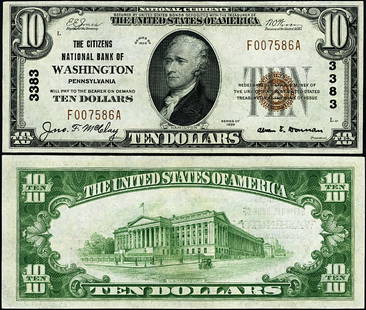 1929 T-1 $10 National Bank Note Citizens NB Washington PA Choice Uncirculated: 1929 T-1 $10 National Bank Note Citizens NB Washington PA Choice Uncirculated This 1929 T-1 National Bank Note from Citizens National Bank in Washington, PA, features a denomination of $10. It is