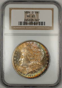 1884-O Morgan Silver Dollar NGC MS 63 Beautifully Toned Coin: 1884-O Morgan Silver Dollar NGC MS 63 Beautifully Toned Coin This stunning 1884-O Morgan Silver Dollar showcases a beautifully toned obverse, making it a striking addition to any collection. With a