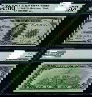 1929 $100 Federal Reserve Bank Note PMG AU53 D00040404A: 1929 $100 Federal Reserve Bank Note PMG AU53 D00040404A This 1929 Federal Reserve Bank Note is a remarkable piece of currency history. Graded AU53 by PMG, this note has been circulated, showcasing its