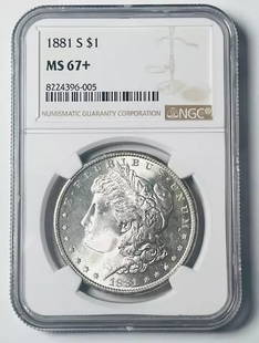 1881 S Morgan Silver Dollar NGC MS-67+ Uncirculated: 1881 S Morgan Silver Dollar NGC MS-67+ Uncirculated This exquisite 1881 S Morgan Silver Dollar is graded MS-67+ by NGC, showcasing its exceptional quality and uncirculated condition. Minted in San