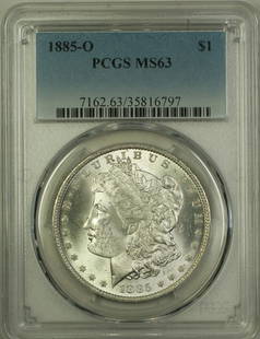 1885-O Morgan Silver Dollar $1 PCGS MS-63 Uncirculated Coin: 1885-O Morgan Silver Dollar $1 PCGS MS-63 Uncirculated Coin This 1885-O Morgan Silver Dollar is a stunning addition to any coin collection. Certified by PCGS with a grade of MS-63, this uncirculated