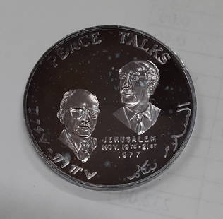 1977 Egypt-Israel Peace Talks .999 Silver Medal 1 Troy Oz F.I.N.: 1977 Egypt-Israel Peace Talks .999 Silver Medal 1 Troy Oz F.I.N. Commemorate the historic 1977 Egypt-Israel Peace Talks with this .999 silver medal, weighing 1 Troy oz. This uncirculated piece is