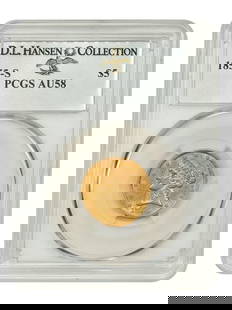 1855-S Liberty Head $5 Gold Coin PCGS AU58 San Francisco: 1855-S Liberty Head $5 Gold Coin PCGS AU58 San Francisco This 1855-S $5 Liberty Head gold coin, certified by PCGS with a grade of AU58, is an exquisite example of early American coinage. Struck at the