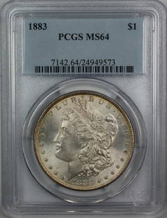 1883 Morgan Silver Dollar PCGS MS-64 Uncirculated Coin: 1883 Morgan Silver Dollar PCGS MS-64 Uncirculated Coin This 1883 Morgan Silver Dollar is a remarkable piece of numismatic history, certified by PCGS with a grade of MS-64. Struck at the Philadelphia M