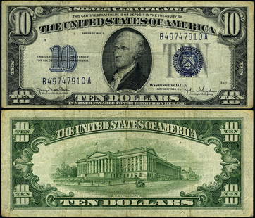 1934-D $10 B-A Block Silver Certificate VF Circulated: 1934-D $10 B-A Block Silver Certificate VF Circulated This 1934-D $10 Silver Certificate features the B-A block and is graded as Very Fine (VF). It is a circulated piece, showcasing the charm of vinta