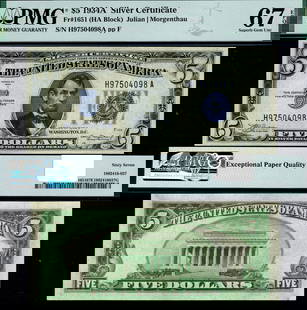 1934-A $5 Silver Certificate H-A Block PMG CU67 EPQ Uncirculated: 1934-A $5 Silver Certificate H-A Block PMG CU67 EPQ Uncirculated This is a 1934-A $5 Silver Certificate, graded CU67 EPQ by PMG, indicating superb uncirculated condition. The note features the H-A blo