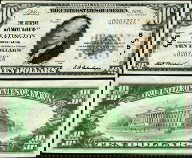 $10 1929 T-1 National Bank Note Citizens NB Slatington PA: $10 1929 T-1 National Bank Note Citizens NB Slatington PA This $10 National Bank Note from 1929, issued by Citizens National Bank in Slatington, Pennsylvania, is a piece of American currency history.