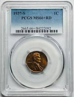 1937 S Lincoln Wheat Penny PCGS MS66+ Red Uncirculated Coin: 1937 S Lincoln Wheat Penny PCGS MS66+ Red Uncirculated Coin This 1937 S Small Cents Lincoln Wheat Penny is a prized collectible for numismatists. Graded MS-66+ by PCGS, it showcases exceptional qualit