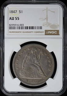 1847 Seated Liberty Dollar NGC AU55 Certified Coin: 1847 Seated Liberty Dollar NGC AU55 Certified Coin This 1847 Seated Liberty Dollar features a beautiful design and has been graded AU55 by NGC, ensuring its quality and authenticity. The coin is class