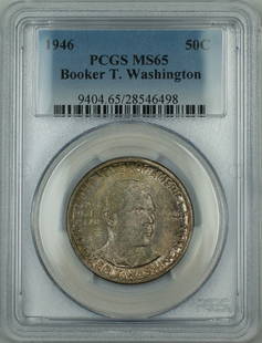 1946 Booker T Washington Silver Half Dollar Coin PCGS MS65 Uncirculated Gem: 1946 Booker T Washington Silver Half Dollar Coin PCGS MS65 Uncirculated Gem This stunning 1946 Booker T. Washington Silver Half Dollar 50c Coin is certified by PCGS with a remarkable grade of MS-65,
