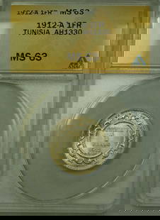 1912-A Tunisia AH1330 1 Franc Coin ANACS MS 63 Certified: 1912-A Tunisia AH1330 1 Franc Coin ANACS MS 63 Certified This 1912-A Tunisia AH1330 1 Franc Coin is certified by ANACS with a grade of MS 63, indicating its high quality. This collectible coin from